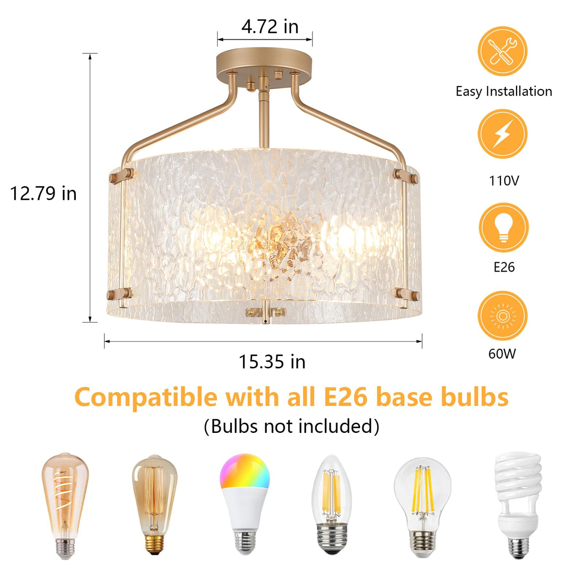Semi Flush Mount Ceiling Light Fixture Glass Drum Chandelier Entryway Light (Gold / 3-Light)