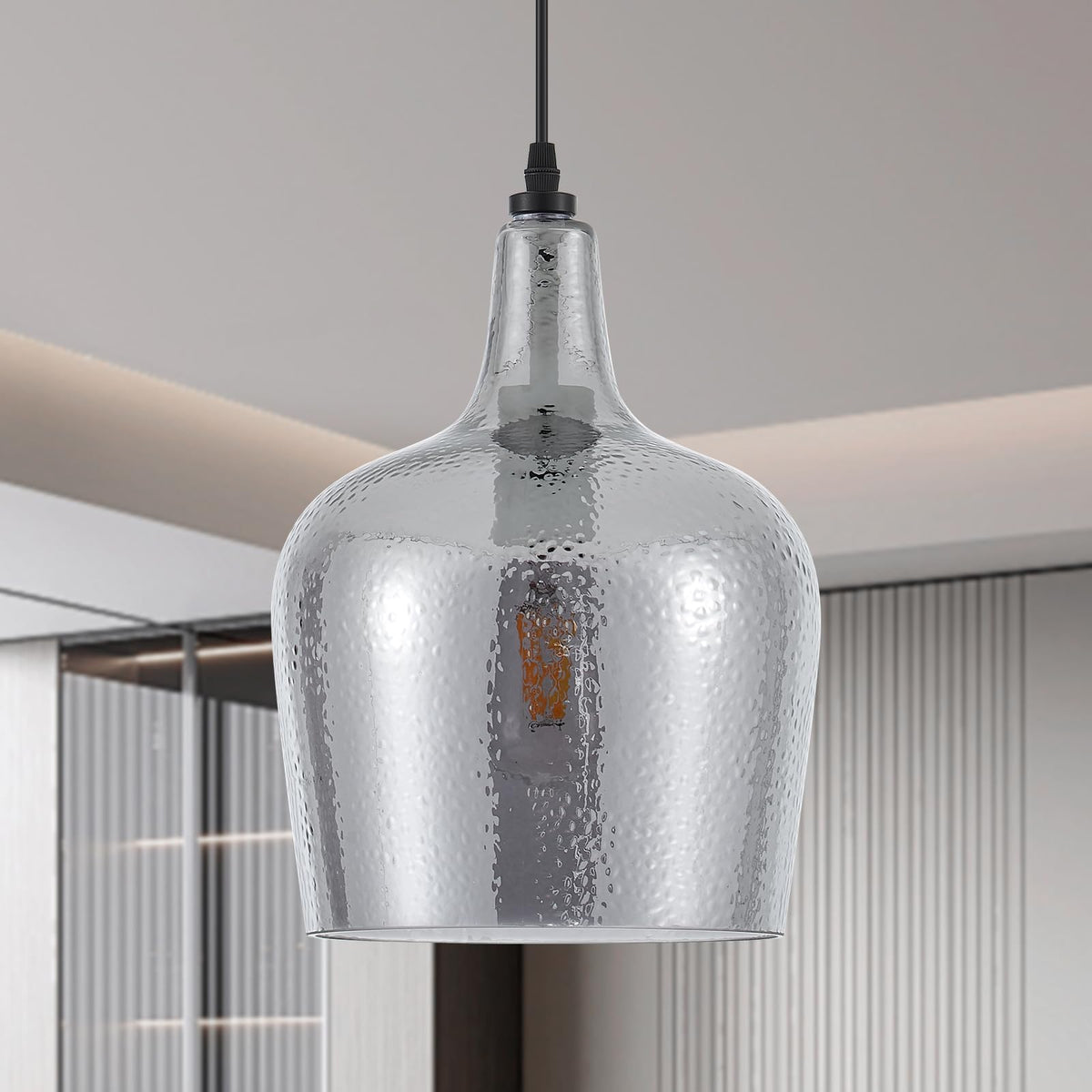 10” Large Hammered Glass Pendant Light Modern Smoky Black Dome Pendant Lighting Fixtures for Kitchen Island Dining Room Hallway (Smoky Black-Hammered)