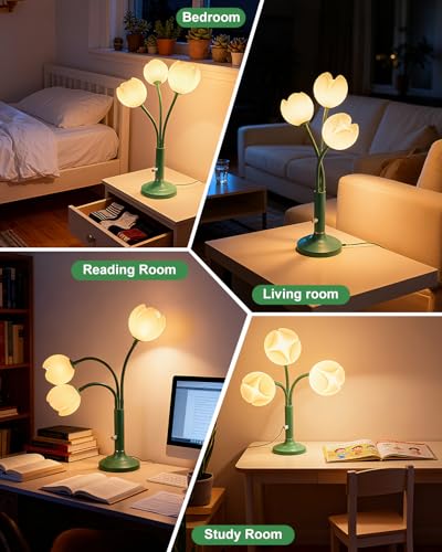 Flower Green Table Lamp Dimmable 3 Bulbs Included Gift for Nursery (12-Green-Flower-3U)