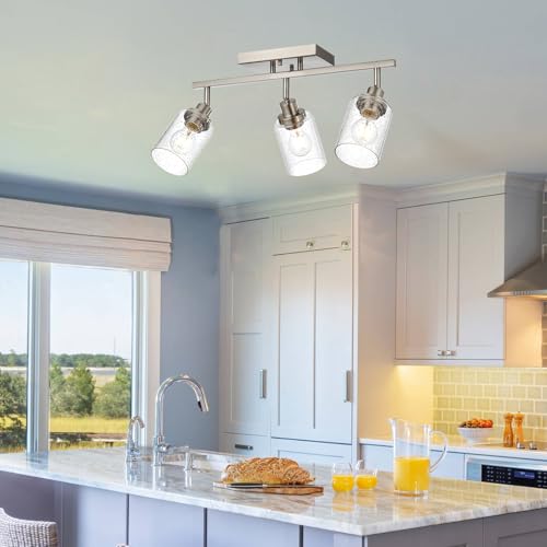 3 Light Brushed Nickel Kitchen Track Lighting Fixtures Ceiling Mount Track Lighting Kit with Bubble Seeded Glass Shade Modern Bathroom Tracking Vanity Lights Ceiling Tracking Accent Shop Light (Brushed Nickel / 3-Light)