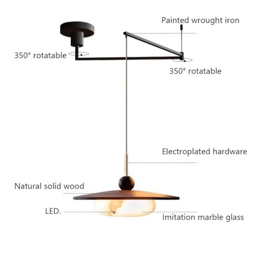 Modern Swing Arm Pendant Light Faux Alabaster Glass Shade Ash Wood Base Walnut Rotating Ceiling LED Lamp 3 Color Dimmable Dining Room Kitchen Interior Home Decor Lighting