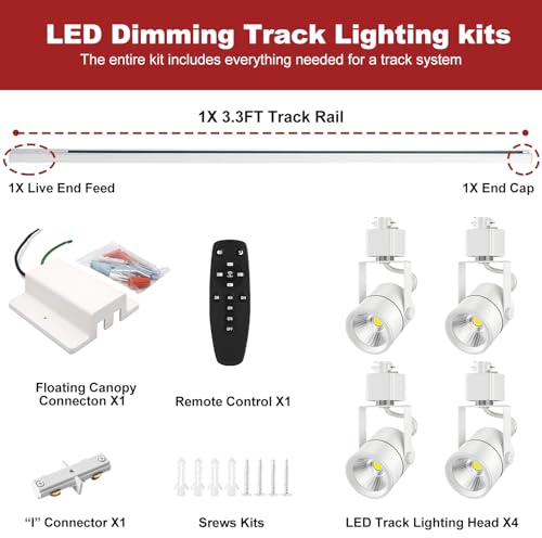4 Light Track Lighting Kit with 3.3FT H Type Track Lighting Rail and Floating Canopy Connector (White / 4 Lights)