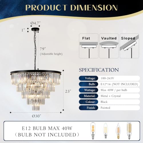 Black Crystal Chandeliers 16 Lights 30" Luxury Round Chandelier (Black / Large-30”)