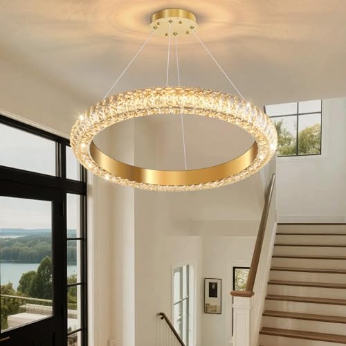 24" Ring Modern LED Dimmable Crystal Chandelier Adjustable Height Pendant Light Round Crystal Chandelier Light Fixtures for Dining Room Living Room Kitchen Island Gold (Gold / 1 Ring Round 24")