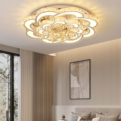 Dia 32'' Modern K9 Crystal Chandelier Flush Mount Ceiling Light Fixture Dimmable LED Chandelier for Living Room Dinning Room Bedroom (Silver / Dia 32'')