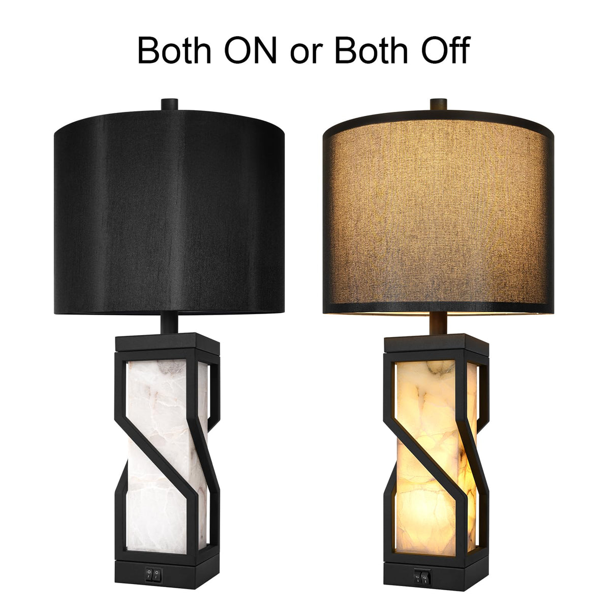 26" Alabaster Table Lamps Set of 2 with Night Light (Black)