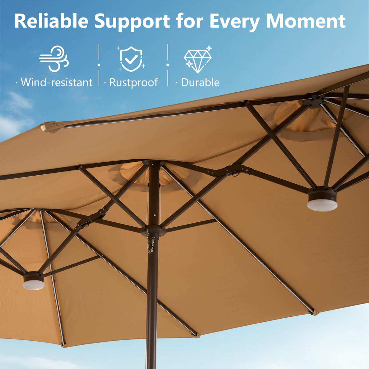 15FT Double Sided Rectangular RGB LED Patio Umbrella with Remote & App Control (Khaki)