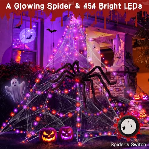 Halloween Sipder Web Lights 454 LED 16.4 FT Tall with Red Eyes Giant Spider (Orange&Purple / 16.4FT)