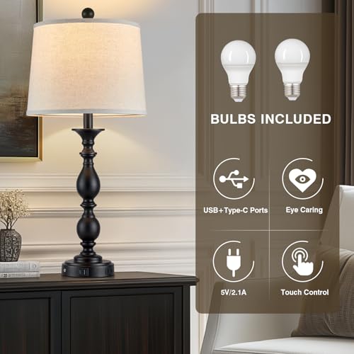 28" Black Modern Table Lamps Set of 2 with USB C+A Ports and AC Outlet (Black-2 Pack)