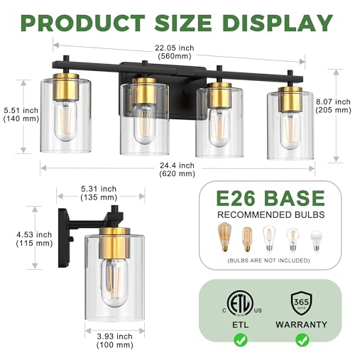 Bathroom Vanity Light Over Mirror (Gold and Black / 4-Light)