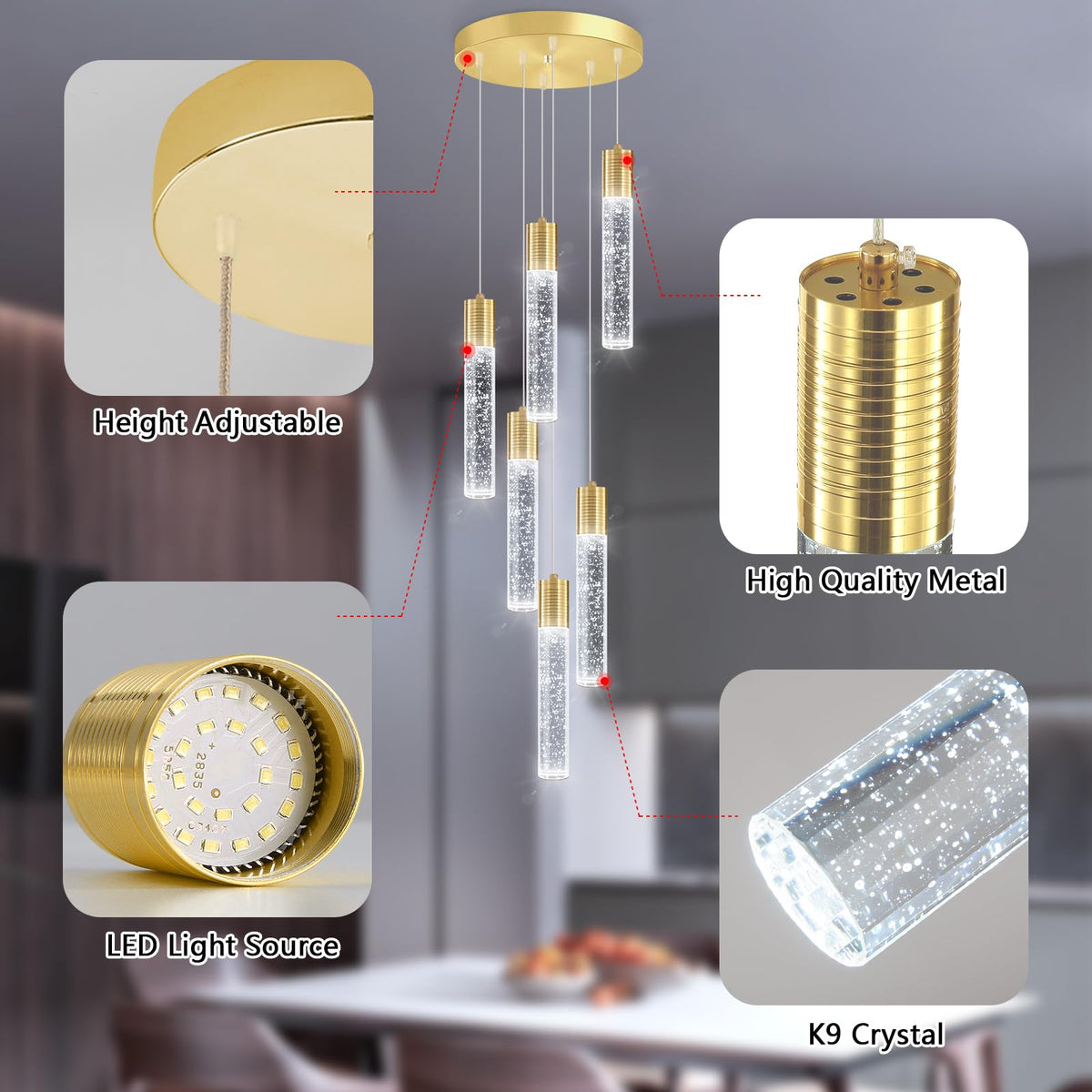 6 Lights Modern Crystal Chandeliers for Dining Room Kitchen Island Crystal Pendants Light Fixture High Ceiling Hanging for Entryway Bedroom Foyer 6000K (Gold / 6-lights)