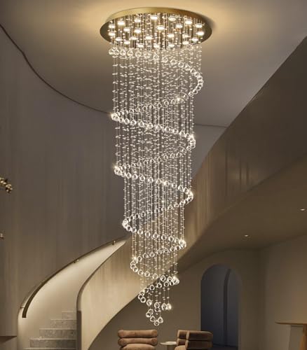 W47 x H118 High Ceiling Chandelier with LED Bulbs Dimmable Long Light Glam Chandeliers Crystal Pendants Light Fixtures for Foyer Entryway Living Room Stair Gold (Gold / Spiral W47" X H118")