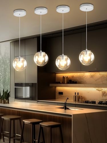 1 Light Globe Pendant Light for Kitchen Island Silver Pendant Light Fixtures with Clear Glass Globe Hanging Lights for Bedroom (Silver-Clear / Globe 1-Light)