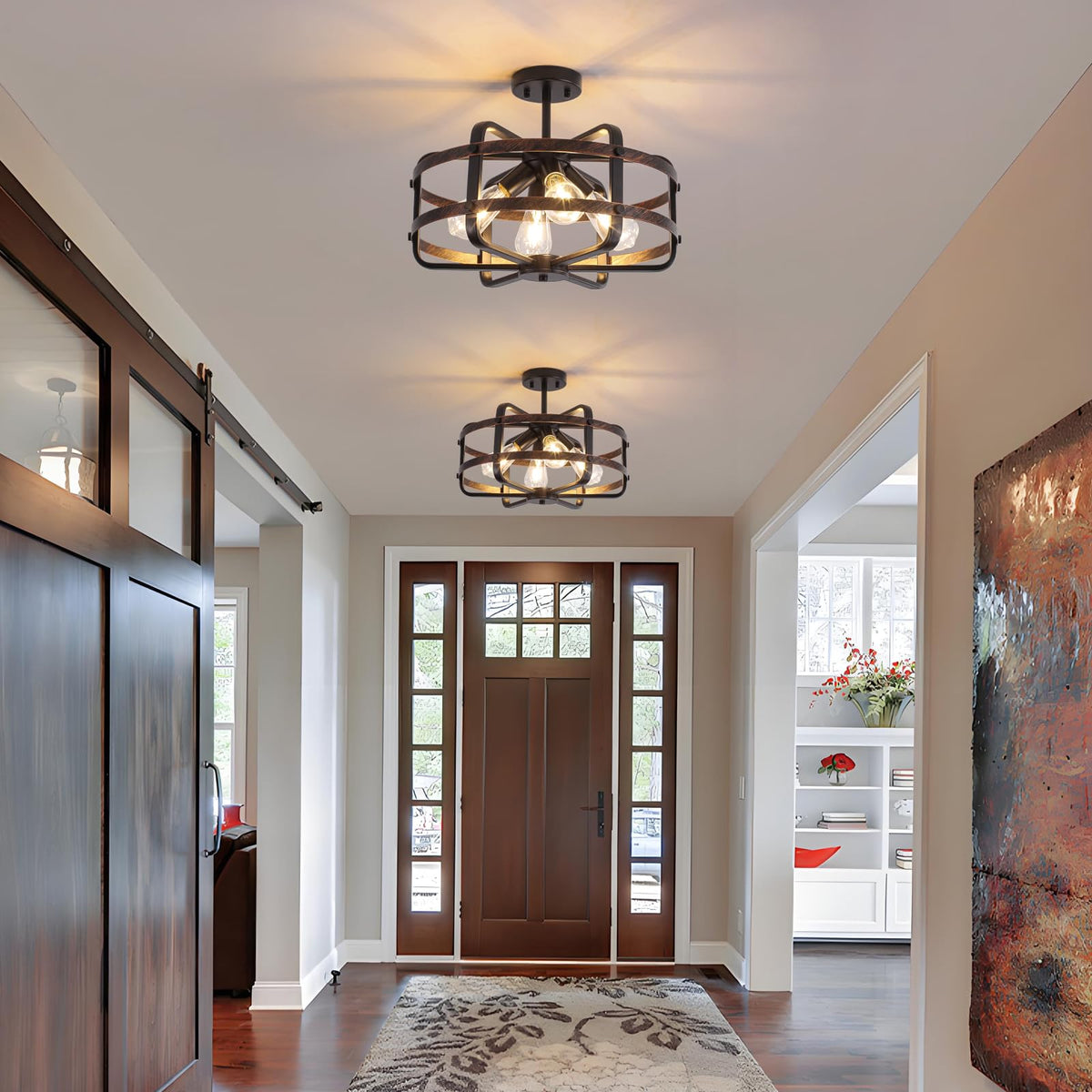 17.71'' Farmhouse Cage Semi Flush Mount Ceiling Light Fixture 4 (17.71''-Black&Brown-E26)