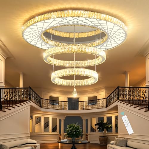 48 inch Large Size Glam Chandelier Crystal Ceiling Light for Living Room Chandeliers Lighting Fixtures with Remote Dimmable LED Light (48 inch / Silver)