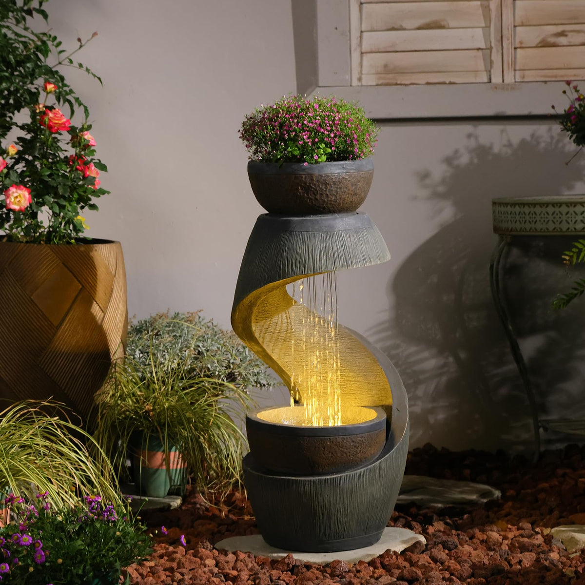 Modern S Shaped Garden Outdoor Water Fountain with LED Lights Gray (31.9H-G)