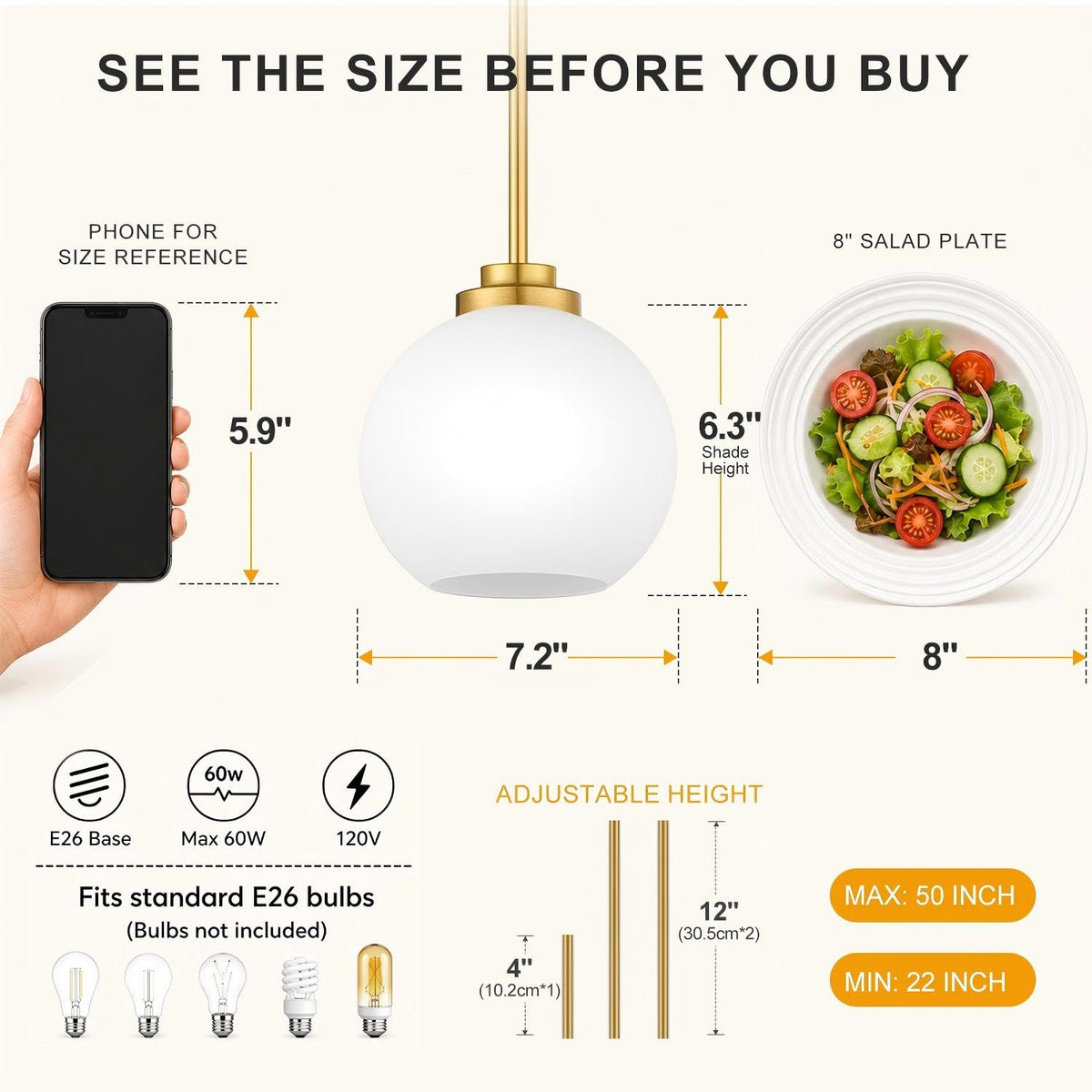 1 Pack Modern Globe Pendant Lights Kitchen Island Milk Glass (Brushed Gold + Clear Glass 1 Pack)
