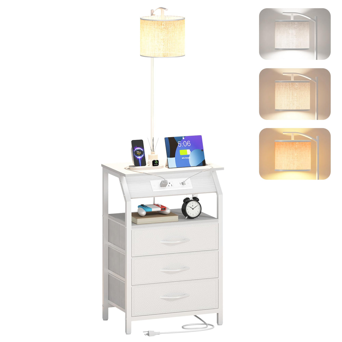 Floor Lamp with Table (White 3 Drawers)