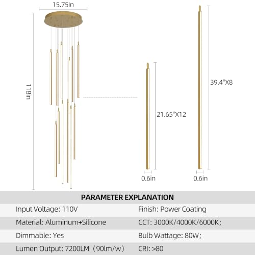 118" Modern LED Chandelier (Gold-80W-12 Lights with Remote Control)