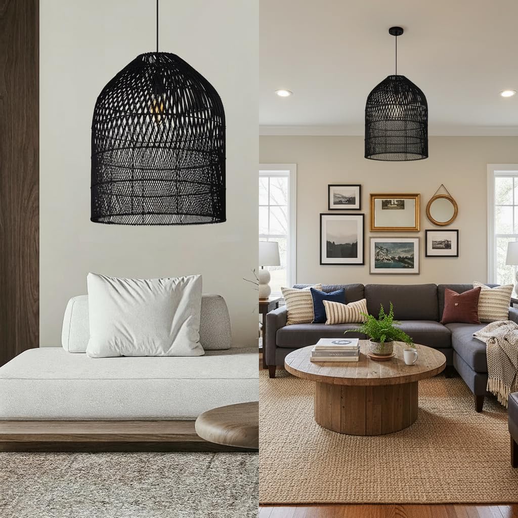 1 Light Wicker Bell Pendant Lamp (Black / 1-Light / 20.8″H)