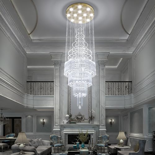 D32''XH79'' Modern Foyer Chandelier for High Ceiling Raindrop Crystal Chandelier High Ceiling Pendant Light Fixture for Hallway Living Room Gold Stairwell Chandeliers (Gold / D32"X H79")