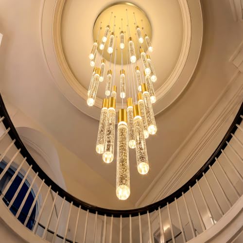 20 Foot 48 Light Gold High LED Dimmable Chandeliers Ceiling Pendant Light Fixtures Remote Control Light Fixtures Crystal Raindrop Fixtures Living Room Staircase Entrances (48 lights / Gold)