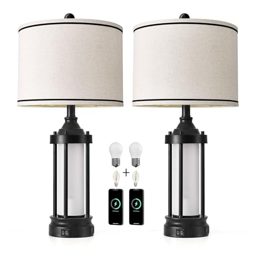 25'' Table Lamps for Bedroom Living Room Lamps Set of 2 Farmhouse Nightstand Bedside Lamps with USB Ports (Black & Beige)
