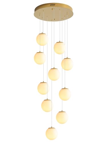 10 Light Gold Chandelier with White Globe Glass Dimmable Ceiling Light Glass Pendant Light for Kitchen Island (Gold-White / Globe 10-Light)
