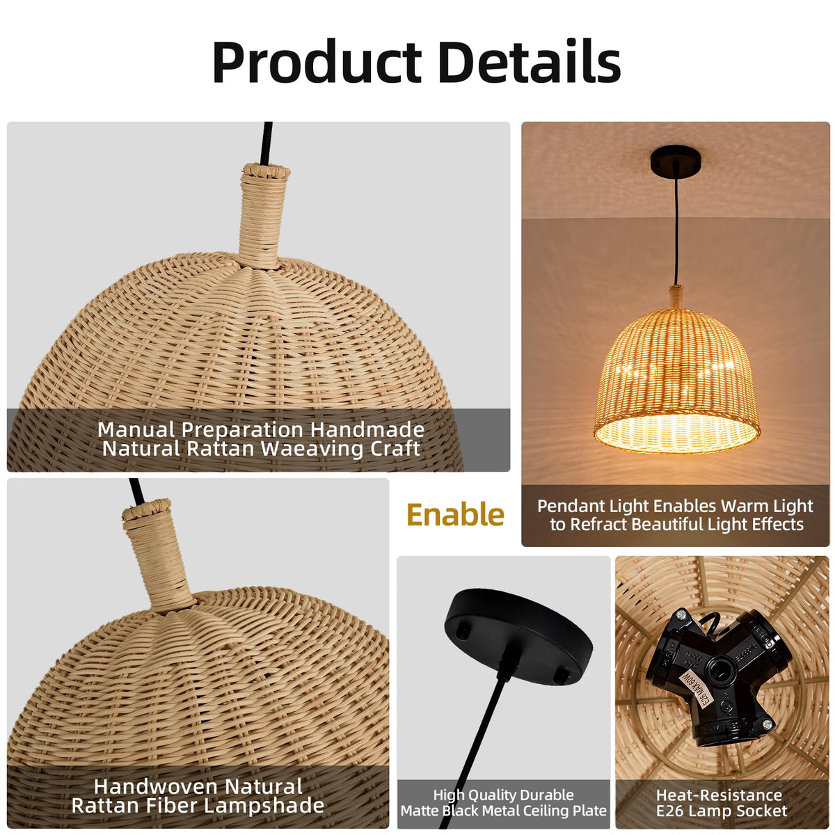 13.8" Rattan Pendant Light (Black+Rattan / 13.77" 3-Light)