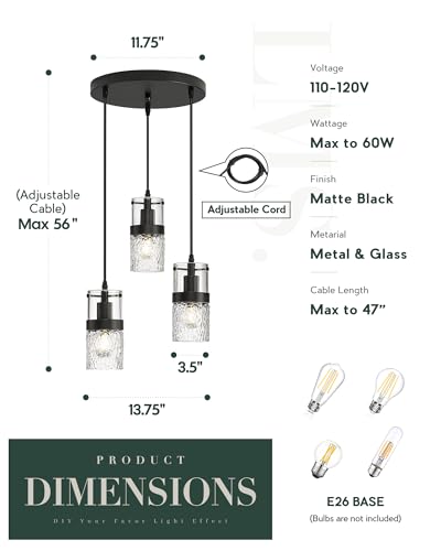 Black 3 Light Pendant Fixtures (Black -Hammered Glass / 3.5" Hammered Glass, 3-Light)