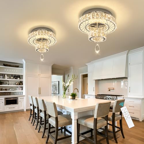 Modern Glam Ceiling Chandelier Bedroom Light Fixtures Crystal Flat Sloping Ceiling Lights for Hallway Kitchen Dining Room Dimmable Light with Remote Silver (12 inch / Silver)