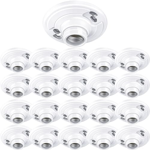 20 Pack) Keyless Plastic Lamp Holder, Medium Base E26 Ceiling Light Socket, One-Piece Outlet Box Mount, 660W UL Listed, Socket Holder for LED Incandescent Bulbs, Utility Lamp Socket Replacement (Plastic Keyless)