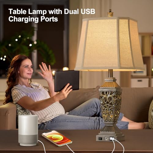 27.5" Touch Control Traditional Table Lamp Set of 2 with USB A+C (Taupe Gold-10 / 27.5")
