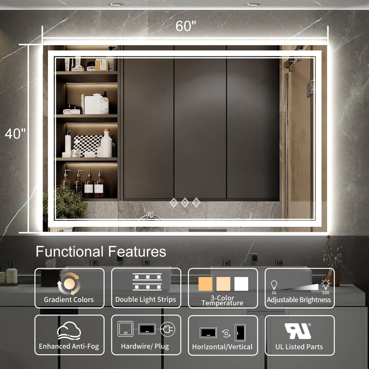 Bathroom Mirror with Lights (Front and Backlit / 60"L x 40"W)