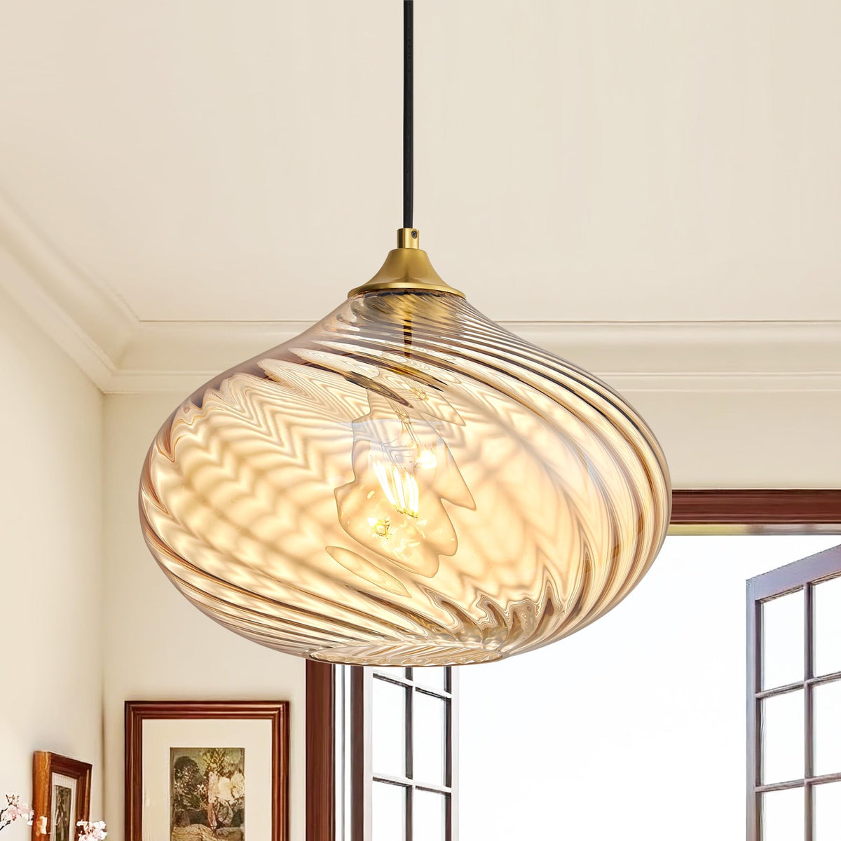 11in Gold Pendant Lights Kitchen Island with Amber Glass Shade 1Pack (Gold-Striped Amber Glass)