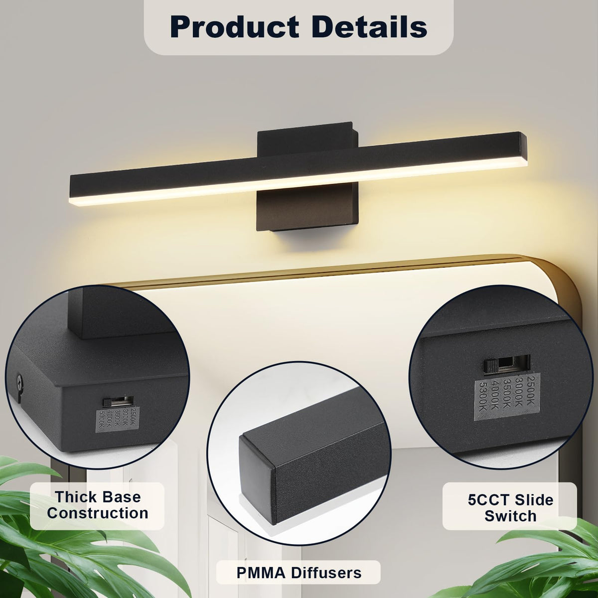 Vanity Light for Bathroom Lighting Fixtures Over Mirror 23.62 Inch Dimmable 5CCT Modern Vanity Lights Black Bathroom Light Bar Bath Wall Sconce ETL Certificated (23.62 Inch Long / Black)