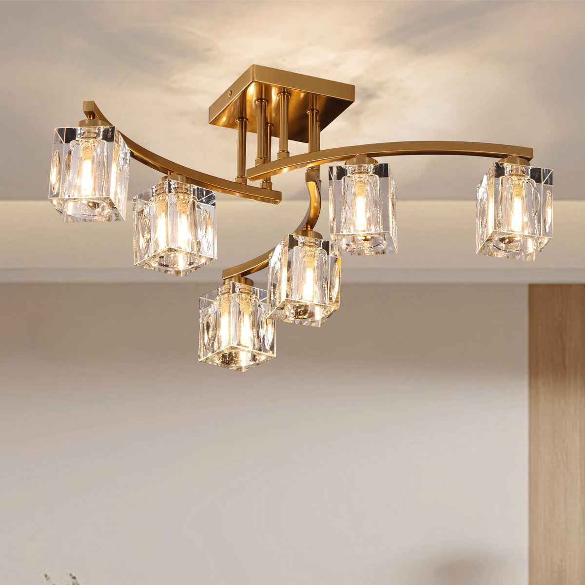 6 Lights Semi Flush Mount Ceiling Light Black and Gold Ceiling Fixture Farmhouse Dining Room Light Fixture with K9 Crystal Shades Modern Chandelier for Living Room Bedroom Entryway (Gold / 6-Light)