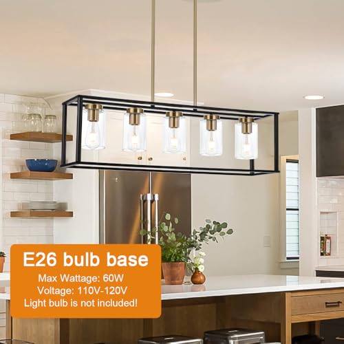 Farmhouse Chandeliers for Kitchen Island with Clear Glass Shade Black and Brushed Brass 5 Light Dining Room Lighting Fixtures Hanging (Brushed Brass / 5 Light)