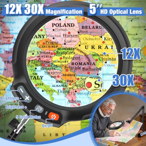 30X 12X Large Magnifying Glass with Light and Clamp