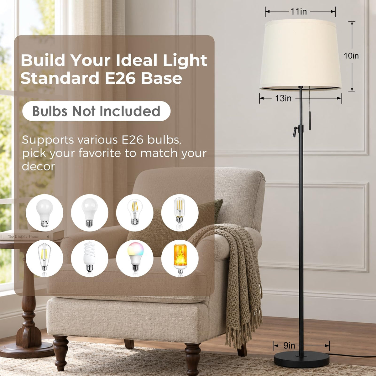 52" 63" Black Adjustable Floor Lamp (Black+Beige Linen Shade)