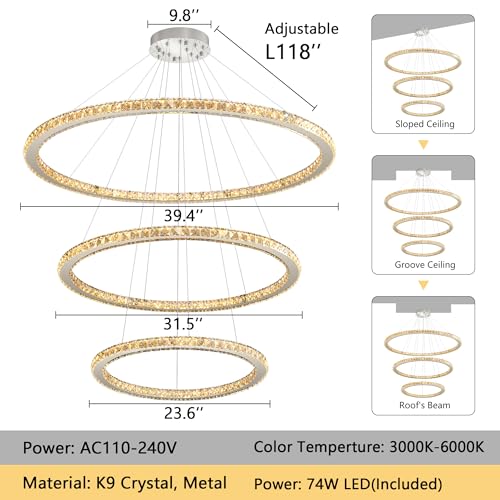 Modern Crystal Chandelier Dimmable LED Ceiling Light Fixture Luxury 3 Ring Stainless Steel Pendant Light for Living Room Dining Room Foyer Silver (Silver / 3-Ring 40")