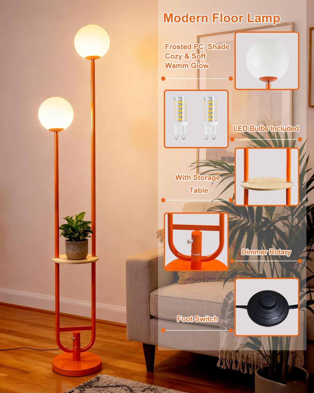 63IN 2 Globe Orange Floor Lamp Dimmable Tall Standing Lamps with Table 3000K Warm White Unique Modern Mid Century Floor Lamp with 5Lbs Heavy Base for Living Room Bedroom Home Office (Orange-2U)