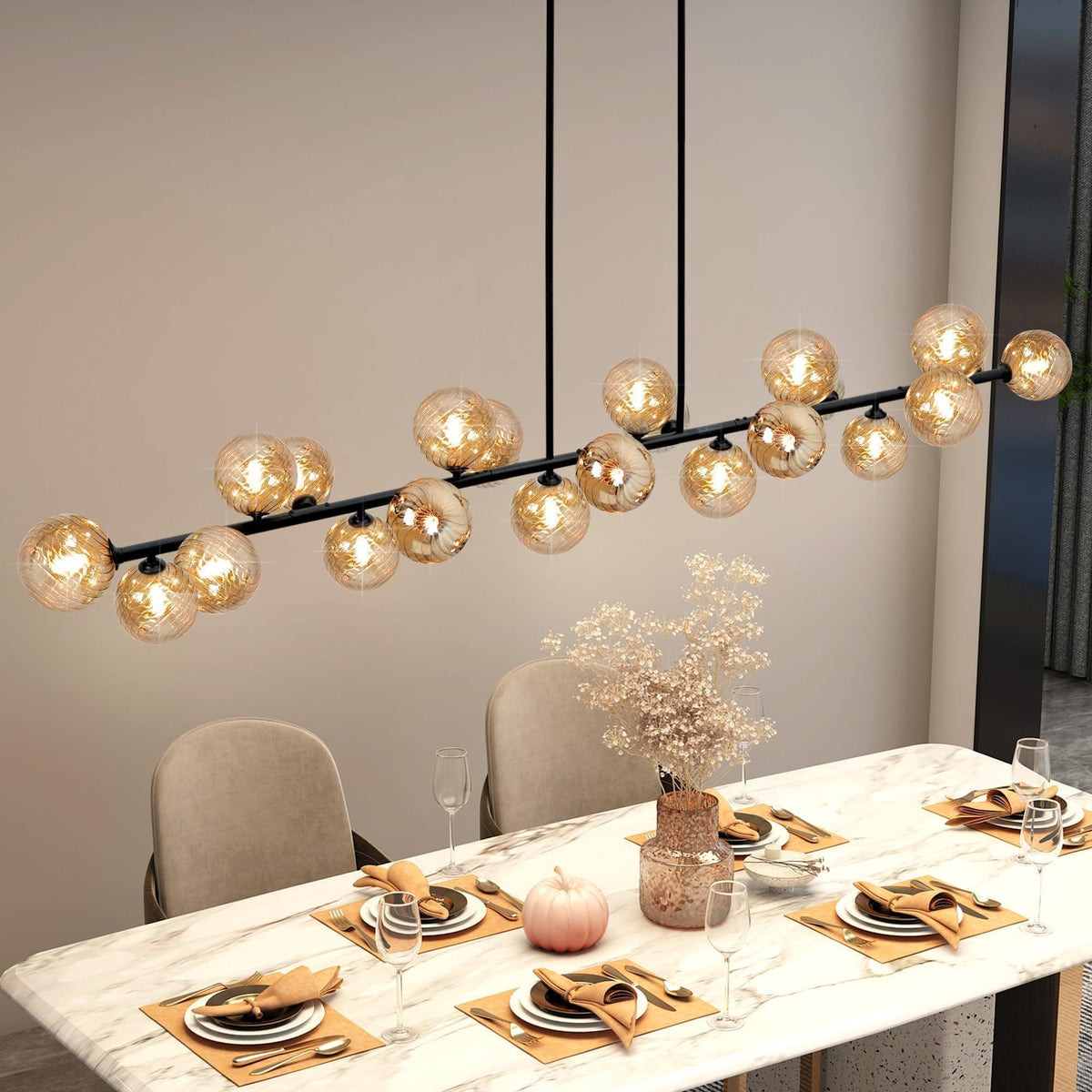 Linear Chandelier Modern 22 Lights Large Sputnik Chandelier Length 70 Inch (Amber Striped Glass and Black)