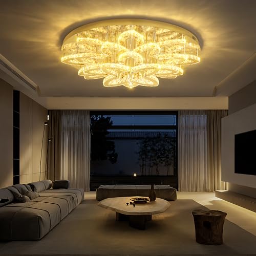 40" Modern Crystal Chandelier for Dining Room LED Dimmable Flush Mount Chandeliers Gold Ceiling Chandelier for Living Room Bedrooms (Gold / Dia 40")