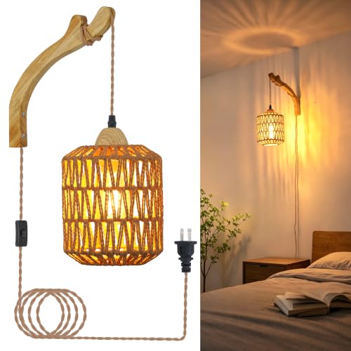 Frideko Rattan Wall Lamp with Plug in Cord Hand Woven Plug in Wall Sconces Paper Rope Wall Light Farmhouse Wall Sconce Wall Mounted Light Boho Wall Sconces Wall Lighting for Bedroom Living Room (Brown(1PC))