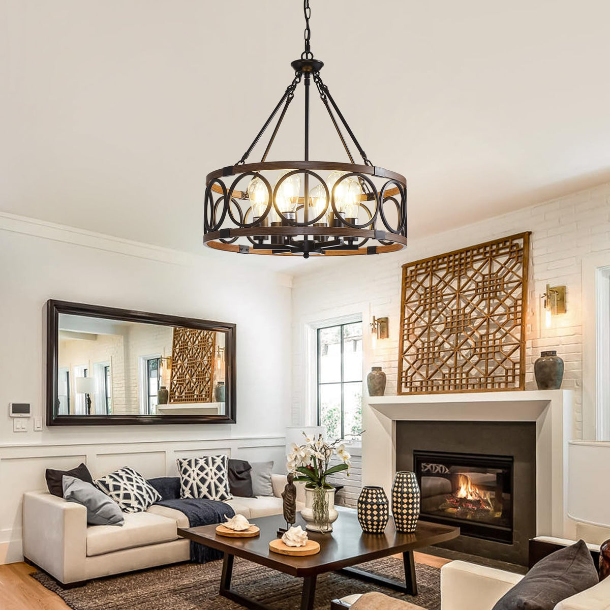 21" Dining Room Light Fixture (Black & Wood Grain-21"(Easy To Install) / 6-Light)