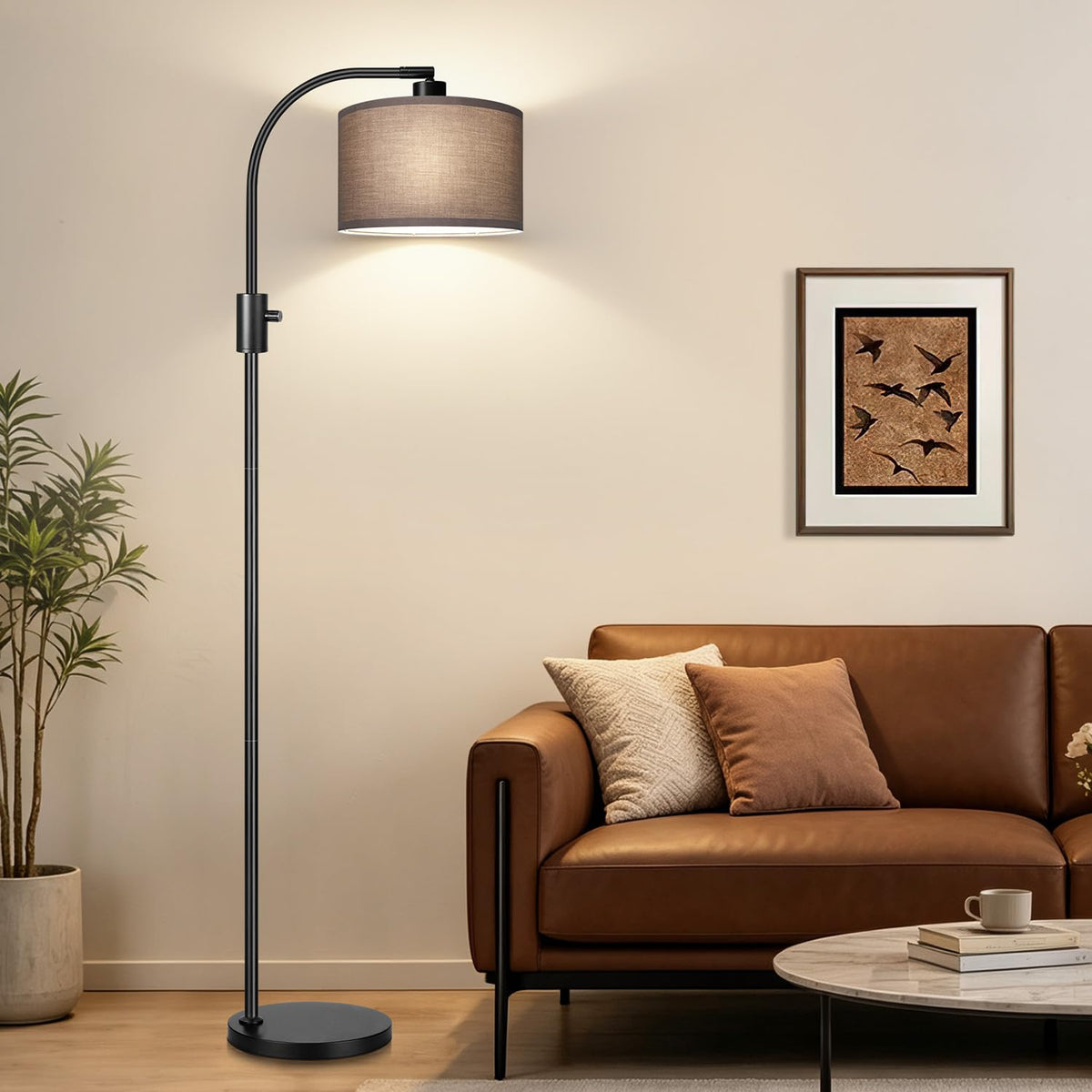 Dimmable Black Floor Lamp (Black - Khaki Linen Shade)
