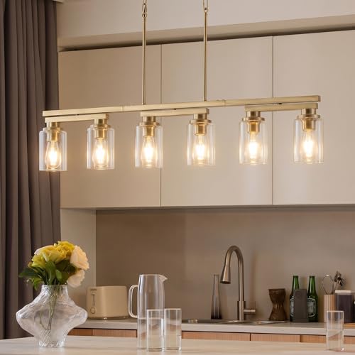 6 Light Brushed Gold Linear Chandelier (Gold+Clear Glass / 6 Light)