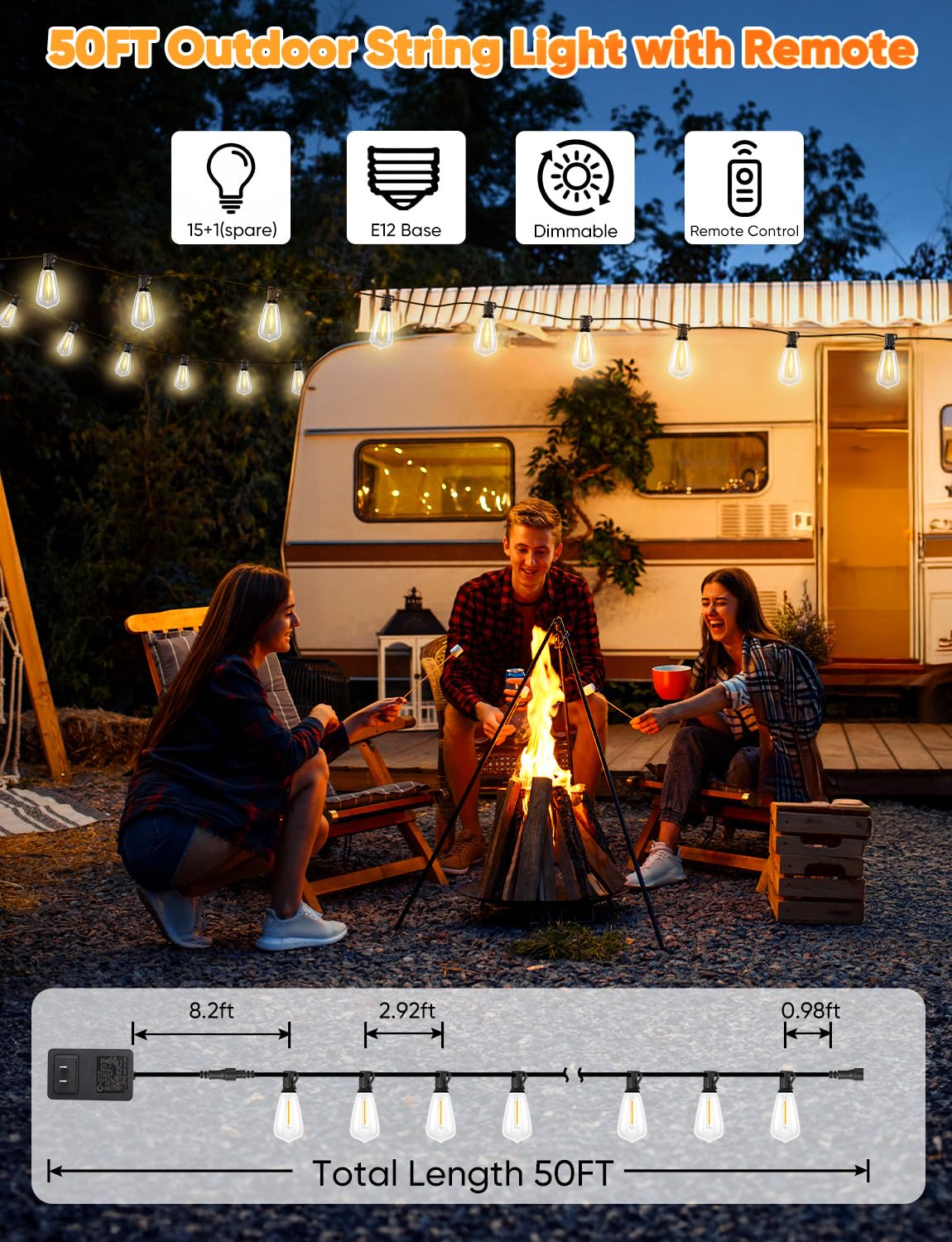50FT Outdoor String Lights with Remote (50FT-ST38)