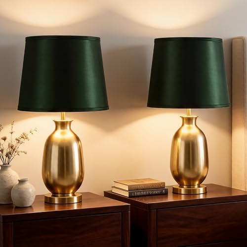 Medium Lamp Shades for Table Lamps Set of 2 (11"×13"×10"-2 PCS / Green Natural Faux Silk)